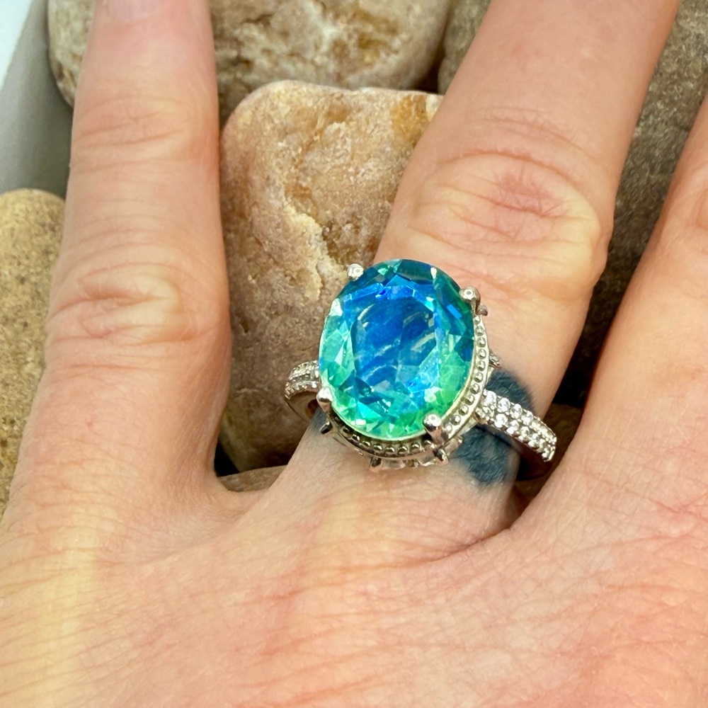 Peacock Quartz Triplet 7.90ctw Platinum Over 925 Sz 7 Ring - Picture 10 of 17